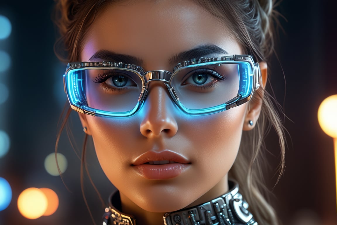 Beautiful cyber punk girl, jewelry, glasses, 8k, insane Details, Micro details, ultra HD, shiny, silver Shiny, woman body with insane details, Micro details, Bright Dynamic light, posing, ultra hd, realistic, vivid colors, highly detailed, UHD drawing, pen and ink, perfect composition, beautiful detailed intricate insanely detailed octane render trending on artstation, 8k artistic photography, photorealistic concept art, soft natural volumetric cinematic perfect light,background strest neon ,city