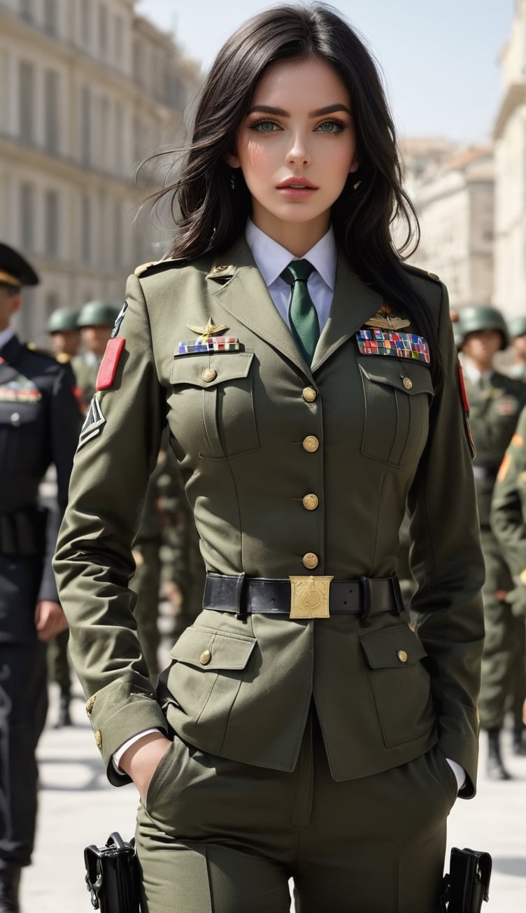 1girll, Female soldier,army suit,Dark green military uniform,Fabric texture: Armed police uniform,Pure white lining,Dark green tie,Black hair,the golden ratio,[:(com rosto detalhado:1.2):0.2]:,PureErosFace_V1, red flags,In the square,Splendid scenery,bright sun,upper body photos,Place your hands on your chest, high street