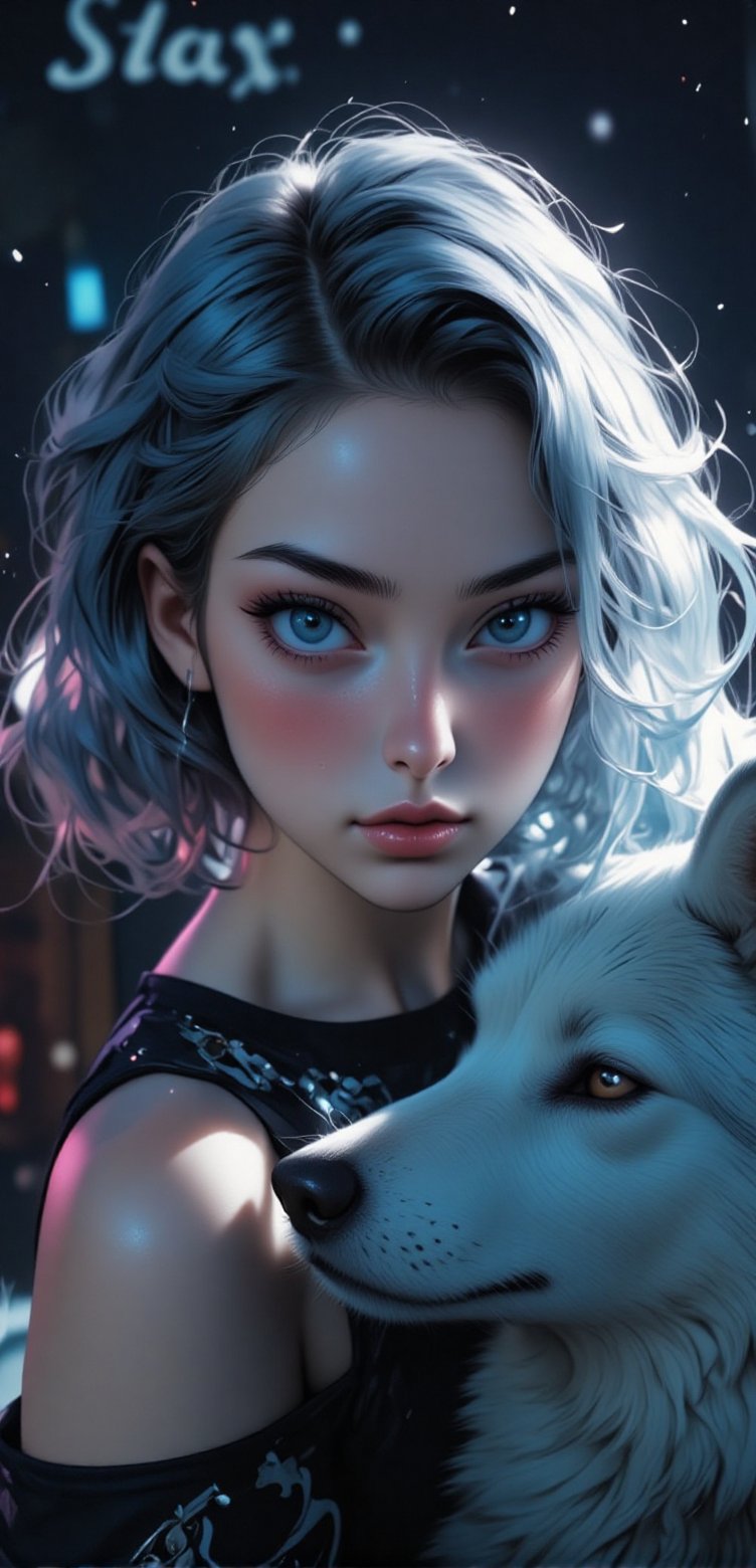 A medium-sized digital painting of a woman and a white wolf. The woman is wearing a black sleeveless top with a white design on it. Her hair is styled in a wavy bob. Her eyes are blue and her mouth is slightly open. The wolf is facing to the right of the woman, its head turned slightly to the left. It has a black snout and a black nose. Its fur is a mix of white and light blue. The background is a dark blue with white stars. FLUX_QTNimE_2,REALNIME,FLUX_QTGirlNimE,BOOREAL2