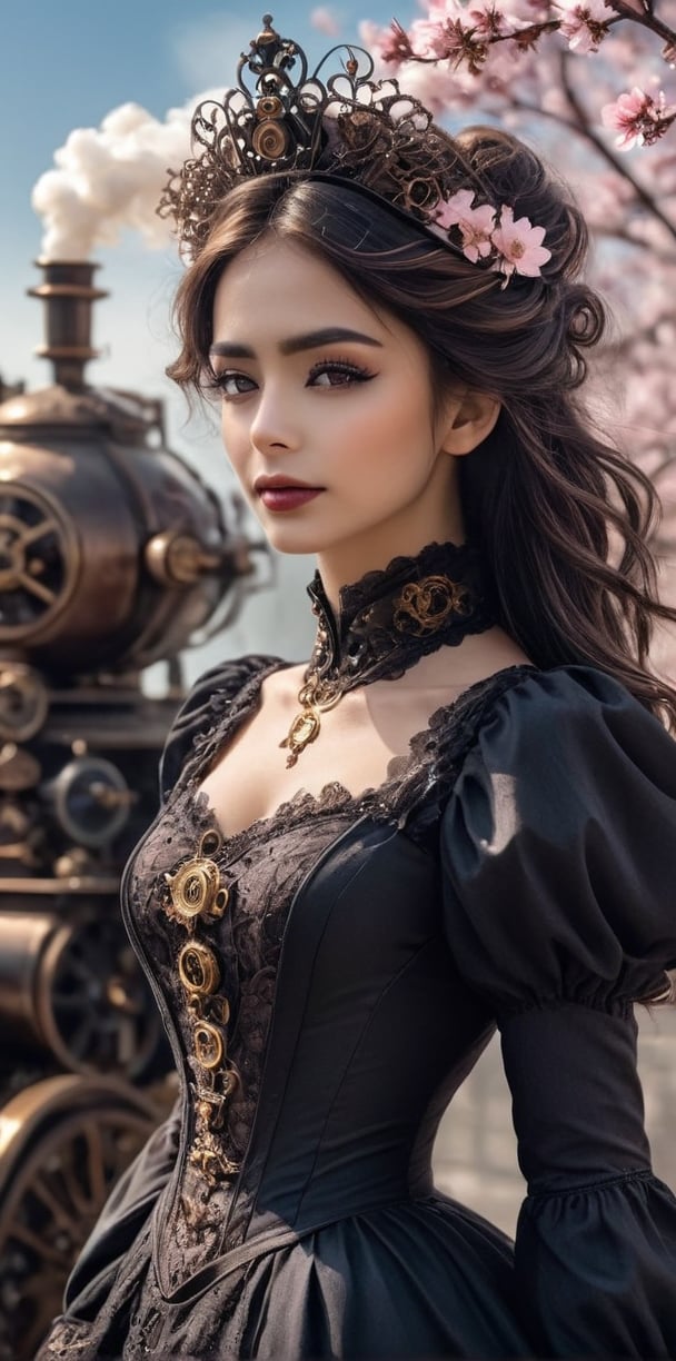 An ethereal woman in a flowing Gothic-inspired gown with intricate lace patterns and dark colors, standing atop a brass steam-powered automaton reminiscent of Victorian-era machinery. She has anime-style eyes with long lashes and a delicate cherry blossom motif adorning her temples. The automaton is surrounded by wisps of smoke and mechanical tendrils, evoking a sense of otherworldliness.",steampunk style