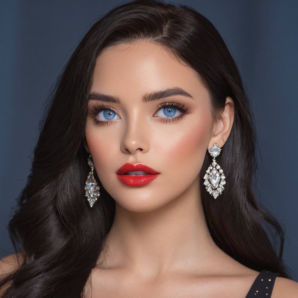 8k, solo, 1girl, solo, black hair, makeup, earrings, mole under eye, blush, jewelry, long hair, lipstick, red lips, eyeshadow, looking at viewer, colored skin, portrait, realistic, blue eyes,















