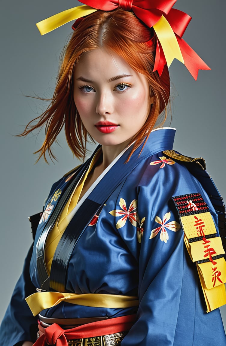 1girl,dressed in samurai-style armor, She wears traditional Japanese armor reminiscent of a samurai,Blue coat, yellow hakama ,The design blends elegance with strength, portraying her as a warrior princess,(Large red head ribbon), Adorning her head is with a faintly red ribbon tied, shining brightly, warrior samurai, score_9