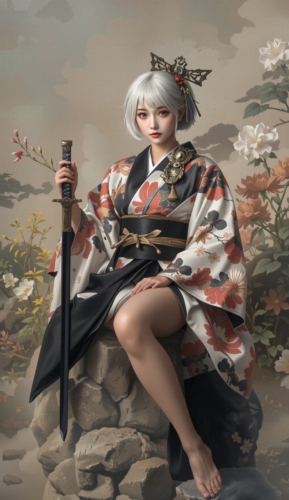 Wearing a black and white yukata and holding a sword、A beautiful Japanese woman with short white hair. Surrealism style. Pastel Tones. Mid Shot. Dramatic Light.whole body、Head to Toe, SamuraiArt,aidmaMJ6.1