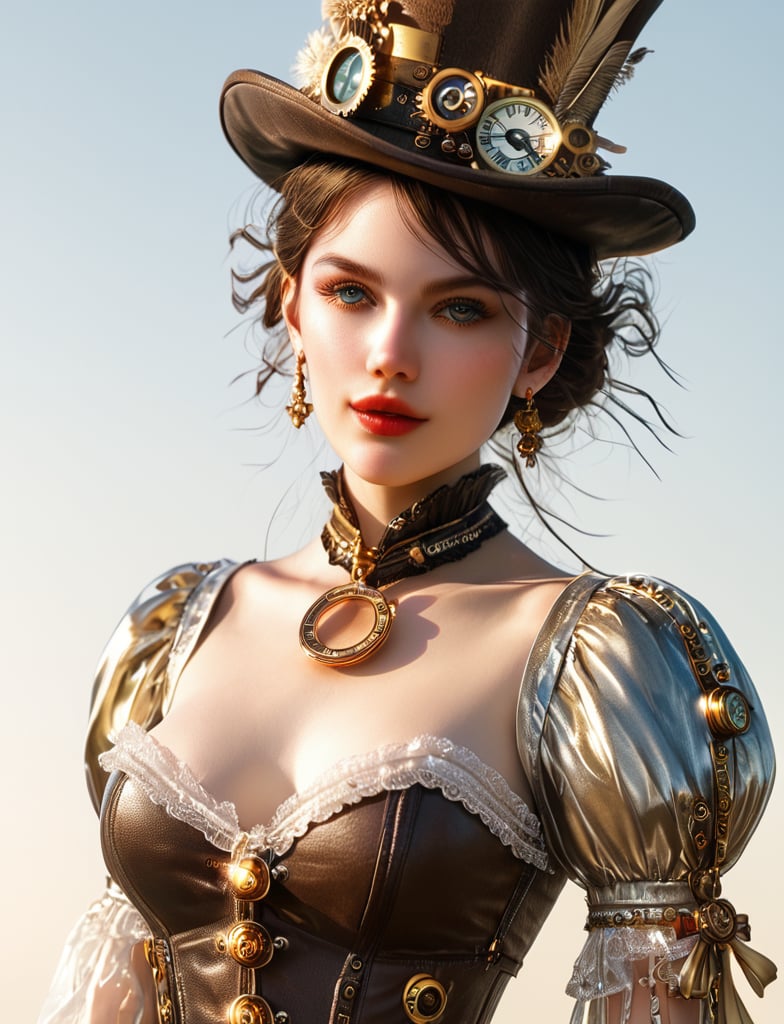 (((A stunning sexy woman in steampunk))) A striking steampunk goddess adorned in intricate gears and cogs 🕰️
Her top hat, embellished with vintage timepieces, commands attention Lace sleeves and a corset with metallic details accentuate her powerful presence 🖤 Golden chains and keys add a touch of mechanical elegance, completing the look 🔑
Eyes that pierce through the Victorian haze, exuding strength and mystery 👁️