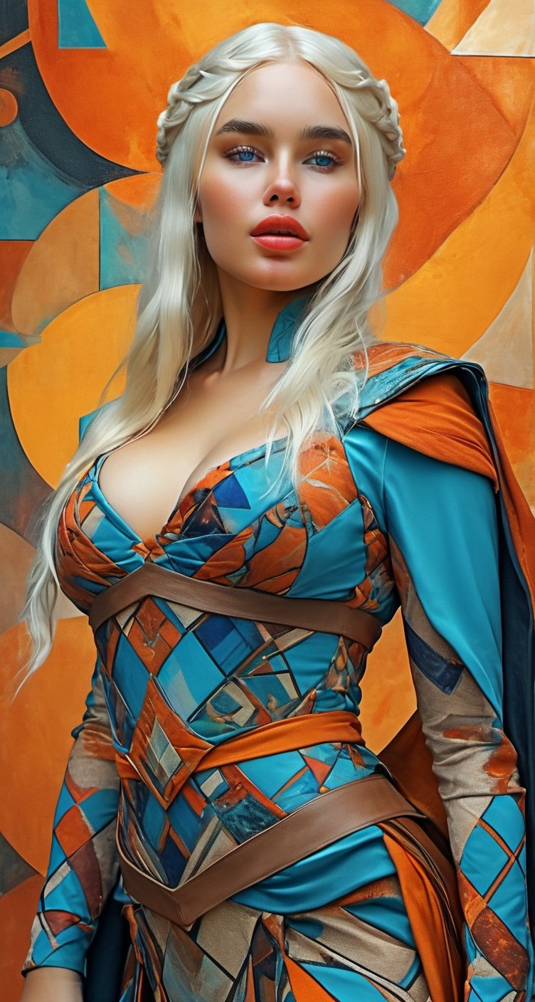 Sexy woman big breast, dressed as Daenerys Targaryen, abstract geometric patterns adorn the costume, vivid and harmonious color palette, ethereal accessories, digital augmentations for magical appeal, blending historical fantasy with futuristic elements, ultra-realistic, digital painting, vibrant colors, avant-garde fashion photography.