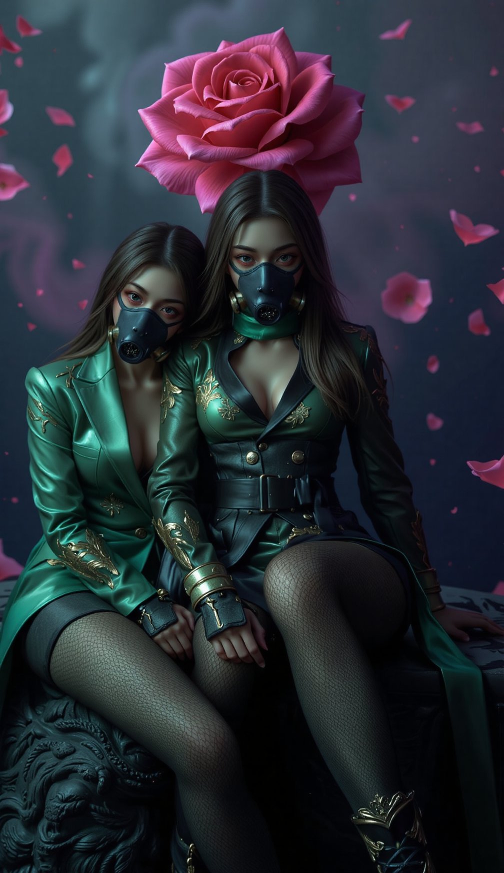 Sexy girl samurai sit with gas mask admiring Karl Lagerfeld in their green and purple suits with gas masks on their faces, with ethereal lighting and a dreamlike feel, inspired by the works of salvador dali and rene magritte, the rose should have intricate details and subtle reflections on its surface, while the background is blurred and surreal, creating a mystical atmosphere, it should be a digital illustration created by artists like android jones, audrey kawasaki, or nychos, and trending on artstation or deviantart, SamuraiArt
