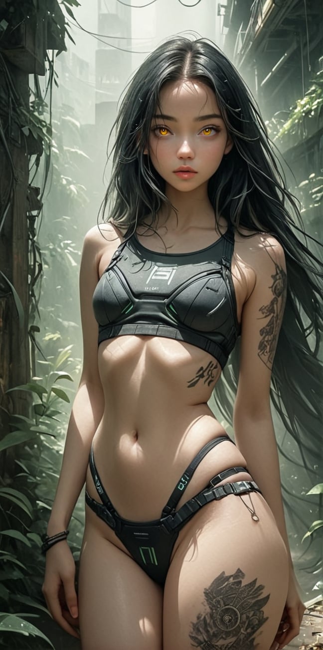 girl is half-machine, bionic, android, futuristic tech, mech, tattoo, wearing a bikini, lingerie, underwear, provocative, sexy, sensual, abandon machines and technologies, the background is a top level on a dystopia abandon factory, post-apocalyptic, (best quality, 4k, 8k, highres, masterpiece:1.2), black hair, ultra-detailed, sparkling eyes,lustrous hair flowing in the wind,graceful pose,harmonious features,subdued lighting,soft diffused glow,evocative ambiance,vivid colors,subtle shadows,illuminated scene,warm sunlight filtering through lush greenery,melancholic atmosphere,ethereal lighting,playful shadows,dusky twilight,harsh dramatic lighting,mysterious shadows,lively and vibrant color palette