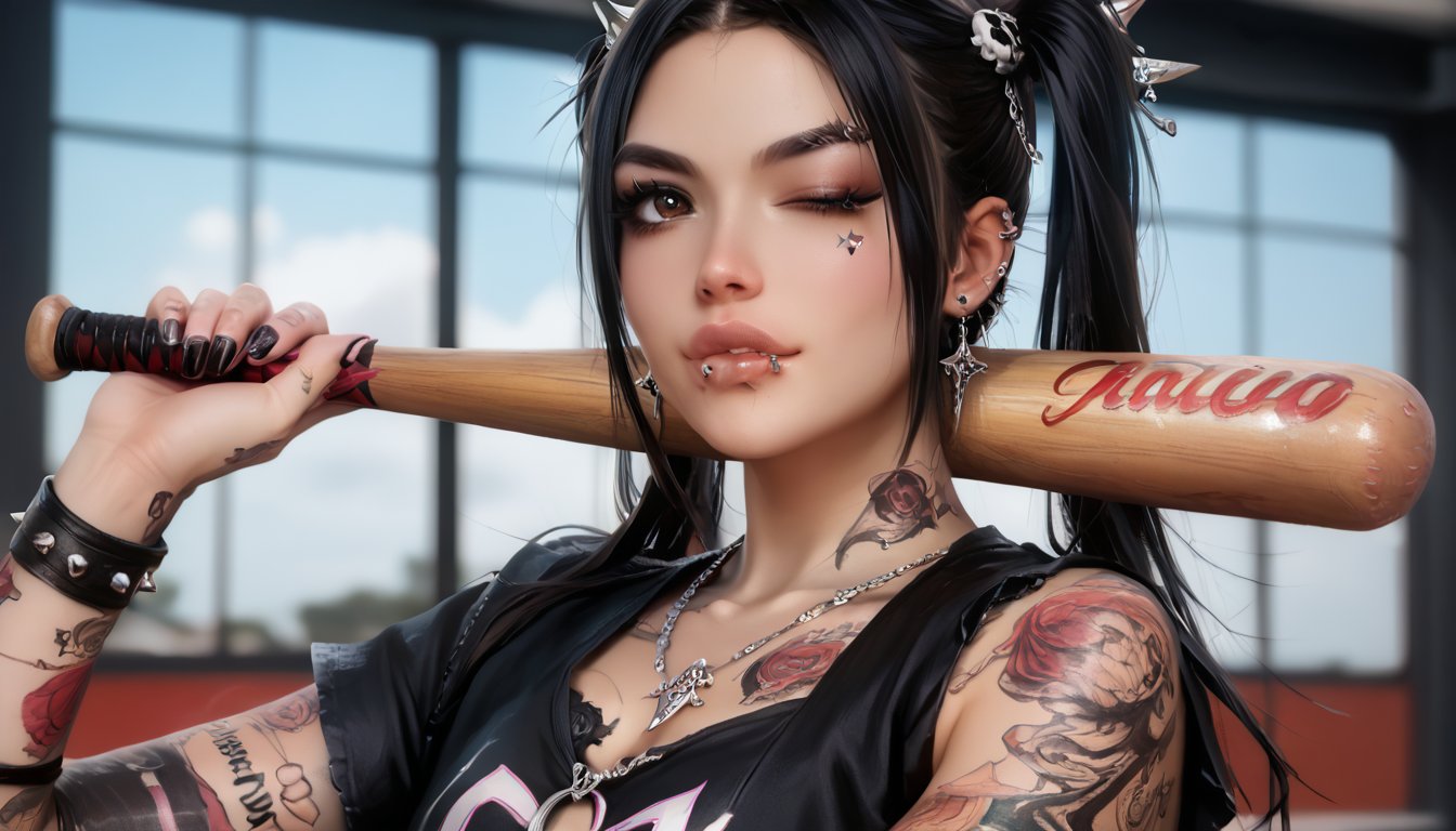 score_9, score_8_up, score_7_up, score_6_up  1girl, (((solo, black hair, hair ornament, twintails, brown eyes, jewelry, one eye closed, lips, tattoo, piercing, ear piercing, spikes, realistic, facial tattoo, holding baseball bat, gothic, nail, lip piercing nijistyle))))
