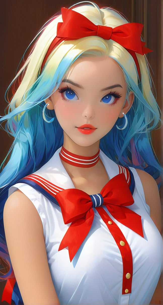 1girl, solo, ((((long hair, breasts, looking at viewer, blonde hair, large breasts, bow, ribbon, cleavage, medium breasts, sitting, blue hair, hair ribbon, upper body, multicolored hair, sleeveless, indoors, sailor collar, hair bun, mole, red bow, lips, head tilt, book, cosplay, double bun, blue sailor collar, couch, mole on breast, realistic, photo background, photo inset)))