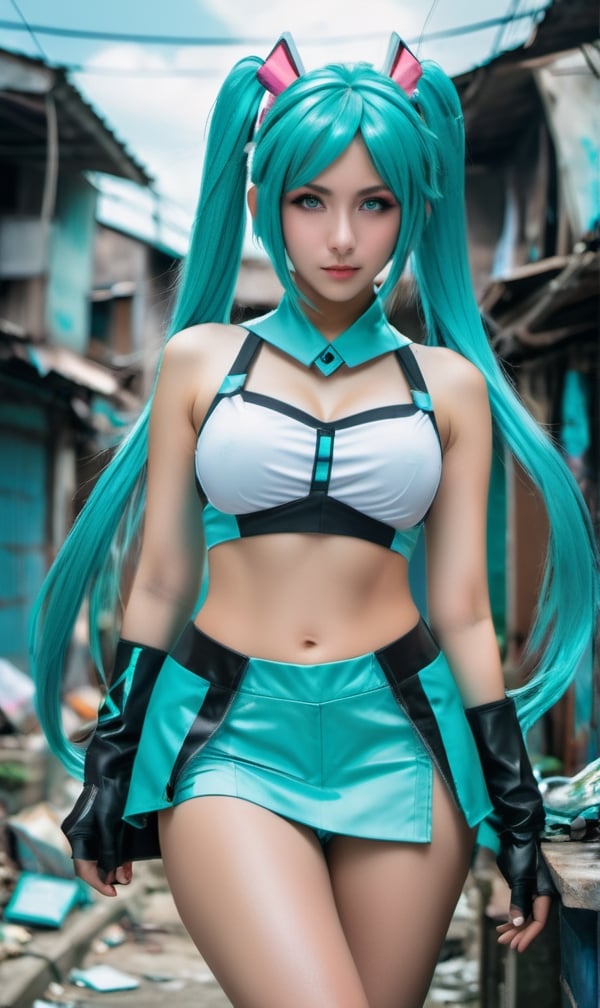 award winning professional outdoor cosplay photography,  model italian woman is wearing an authentic cosplay of Hatsune Mi...