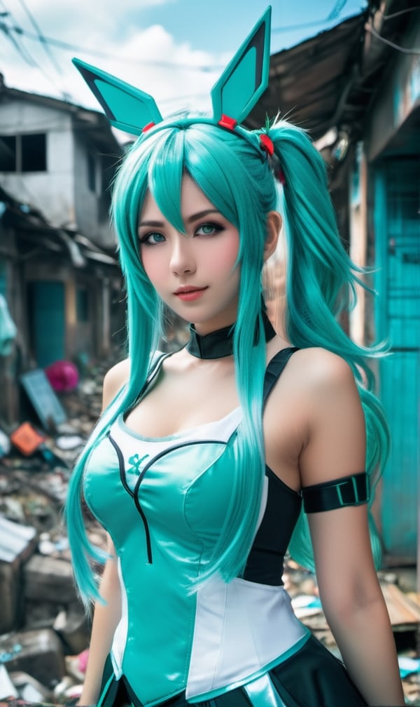 award winning professional outdoor cosplay photography,  model italian girl is wearing an authentic cosplay of Hatsune Mik...
