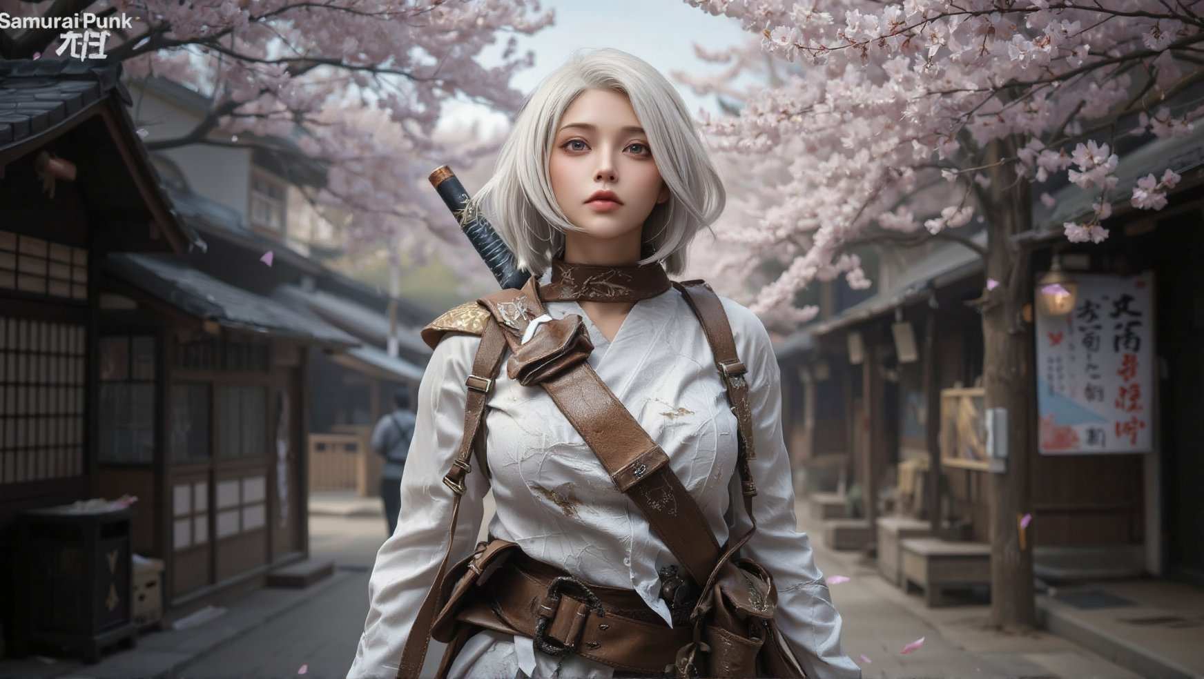 masterpiece, epic, majestic, best quality, very high resolution, 8k, hdr, digital photography, dynamic pose, alluring 1sexy female korean cleric, jade eyes, (platinum blonde hair, textured bob hair:1.1), showing open expression, looking up, solo, establishing shot, detailed background, , SamuraiPunkAI, feudal japan, cherry blossom trees, japanese town, samurai theme, smirking, assassins creed, master assassin, white tattered assassin clothes, cloak, leather pouches, straps, undercover, dynamic pose, fighting, secret passage in background, floating particles, dirt, wind,, (iridescent:0.7), (transparent:0.8), (translucid:0.8), (reflection:0.6), (refraction:0.3), (diffraction:0.3), (caustics:0.3), volumetric lights, volumetric shadows, (subsurface scatering:0.4), physically based rendering, (intricate details:1.3), hyperdetailed, ultrarealistic, (sharp focus:1.2)   SamuraiArt.