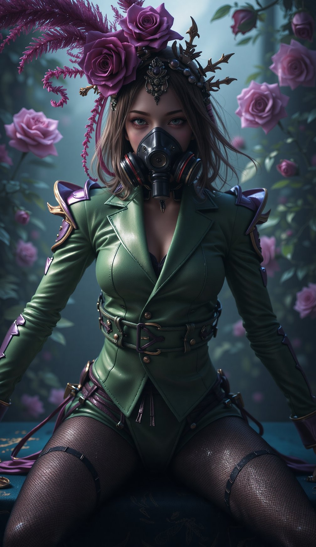 Sexy girl samurai sit with gas mask in their green and purple suits with gas masks on their face, with ethereal lighting and a dreamlike feel, inspired by the works of salvador dali and rene magritte, the rose should have intricate details and subtle reflections on its surface, while the background is blurred and surreal, creating a mystical atmosphere, it should be a digital illustration created by artists like android jones, audrey kawasaki, or nychos, and trending on artstation or deviantart, SamuraiArt
