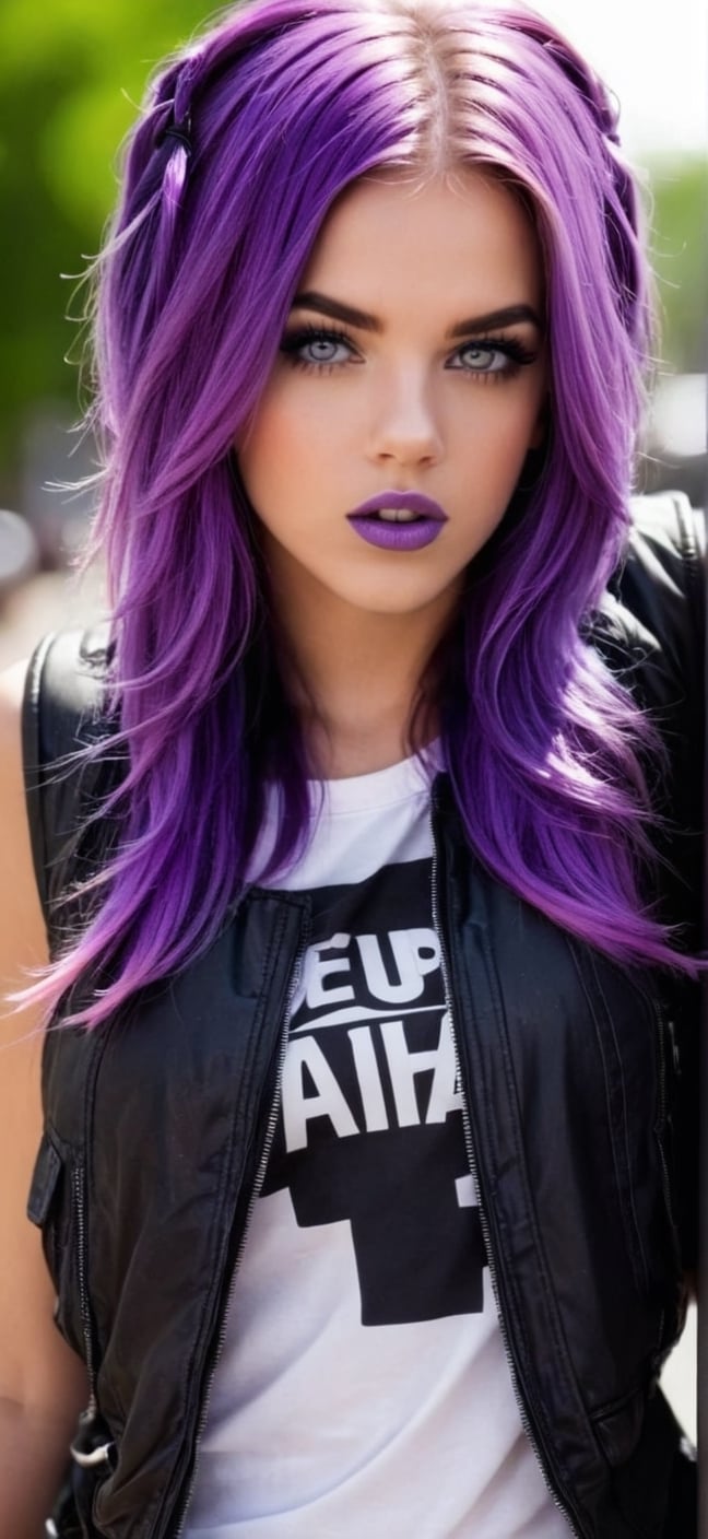 Disgruntled girl purple hair street girly clothes simple face, Strong and vibrant colors k