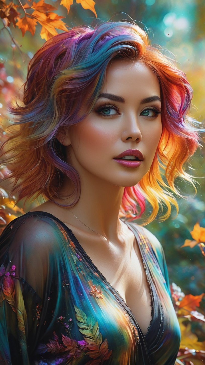 beautiful angle view of Species woman individual from another planet with multicolored hair, beautiful colorful eyes, run in autumn garden, breeze at dawn, alcohol ink painting, psychedelic art by Ross Tran, Antonio J. Manzanedo, Tom Bagshaw, mandy disher, cinematic, 32k, stills from Steven Spielberg epic film, clear focus, hyperrealistic repin artstation painting, detailed character design concept art, matte painting