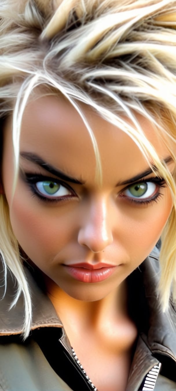 arafed woman with green eyes and a black leather jacket,  badass look,  sexy girl with green eyes by BooAImagery on Tensor...