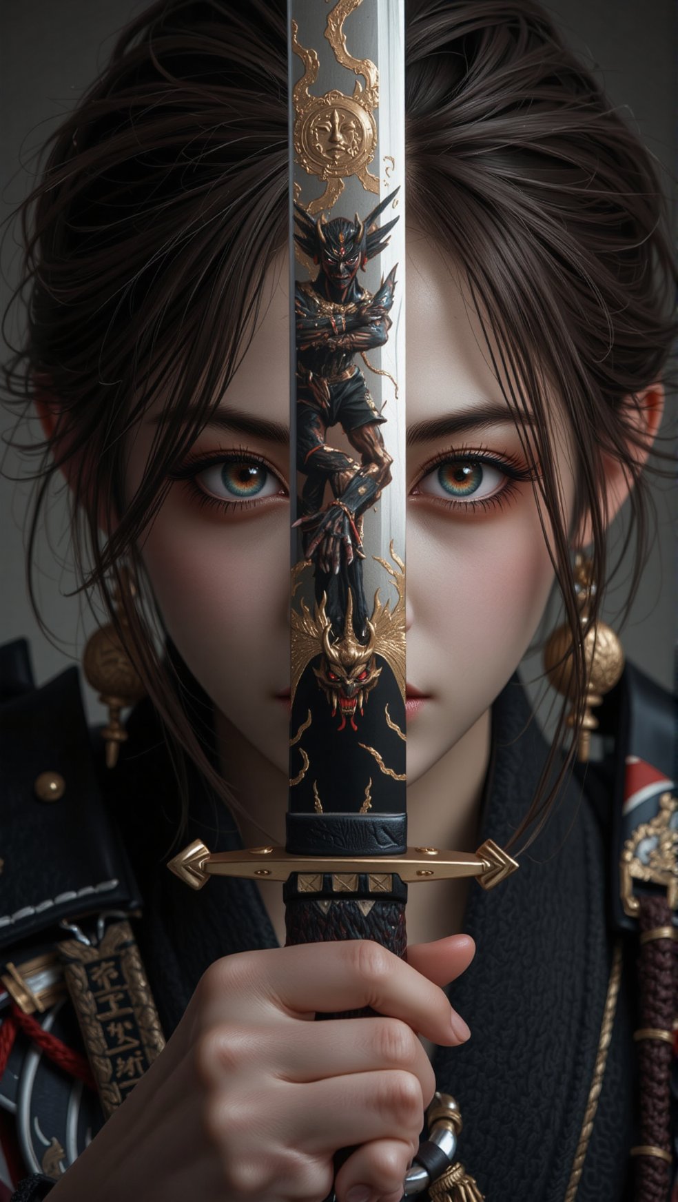 masterpiece, ultimate detailed, tiny finnest details, Fierce japanese female warrior is holding a reflective shiny (katana:1.3) in front of her face, (an ancient mythical Japanese demon is reflected in the katana blade:1.6),, SamuraiArt
