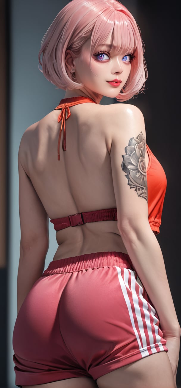 (masterpiece), perfect anatomy, intricate, (highly detailed), masterpiece, photorealistic, perfect anatomy, cinematic lighting, shading, super detailed skin, beautiful detailed eyes, best quality, ultra-detailed, (illustration), ultra-detailed, looking at viewer, (extremely delicate eyes:1.3), backless top, gym shorts, (extremely detailed backless top), (extremely detailed gym shorts), ((arm tattoos:1.1)), armlets, (pink hair:1.3), (short hair), (bangs hair), (spa background), happy theme, indie aesthetic, smile, dynamic pose, vibrant colour, shadow, contrast, refraction, perspective, depth, good anatomy, stunning details