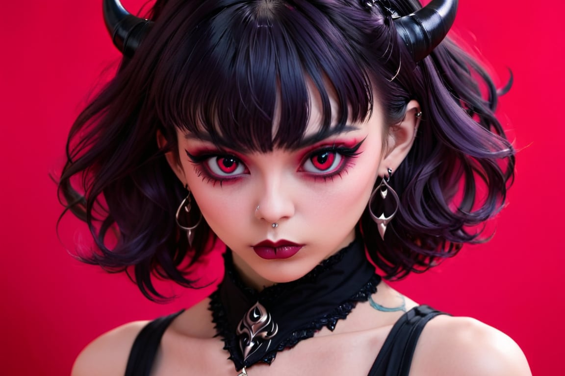 1girl, solo, looking at viewer, bangs, jewelry, closed mouth, (((monochrome))), upper body, earrings, horns, medium hair, tattoo, piercing, pink background, ear piercing, red background, colored sclera, black sclera