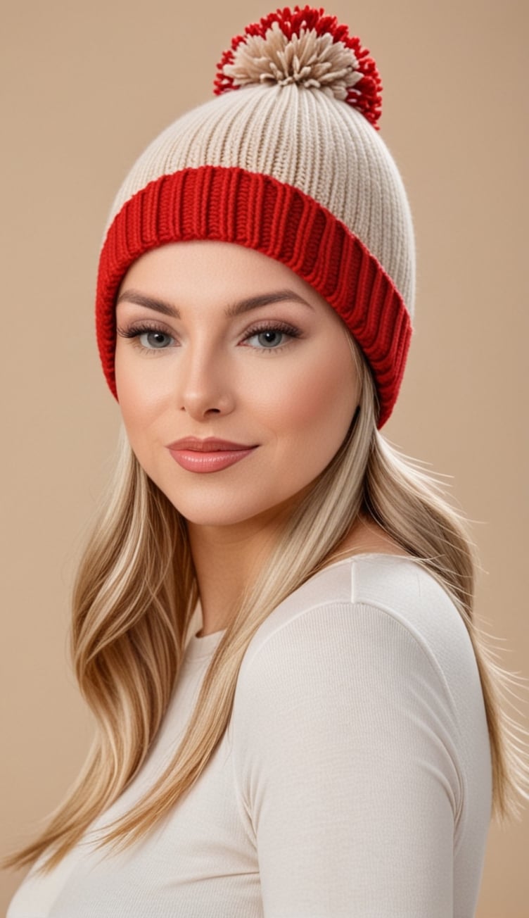 A woman in a knitted hat with a pom pom, white and beige (((red border color)))