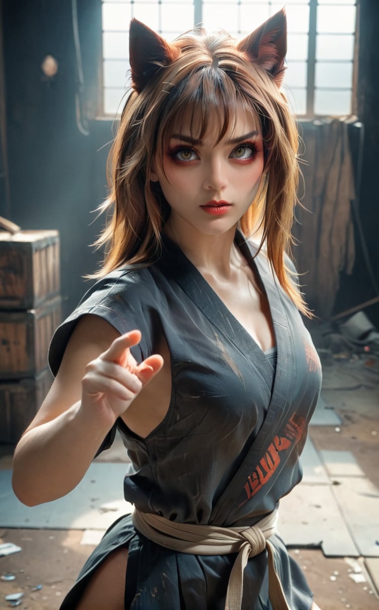 A 1990s anime screencap of a sexy female warrior posing in a karate stance. Half smile. Post-apocalyptic theme. Highly detailed. Cluttered maximalism. Close-up shot. Super wide angle, High angle. Kemonomimi. Soft lighting wraps around her face. Porcelain complexion.
