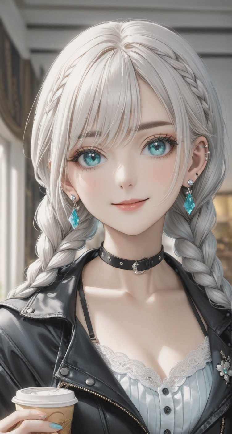 Generate hyper realistic image of a woman with long white hair,  twin braids cascading down her shoulders. She gazes at th...