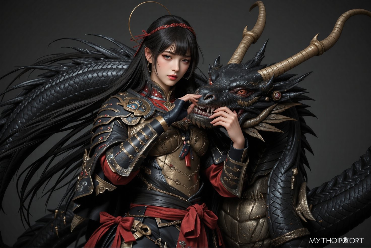 mythp0rt, masterpiece, beautiful oriental knight dragon tamer, long black hair, bangs, circlet, leather armor and animal skin, affectionately stroking the nose of a big black dragon, SamuraiArt
