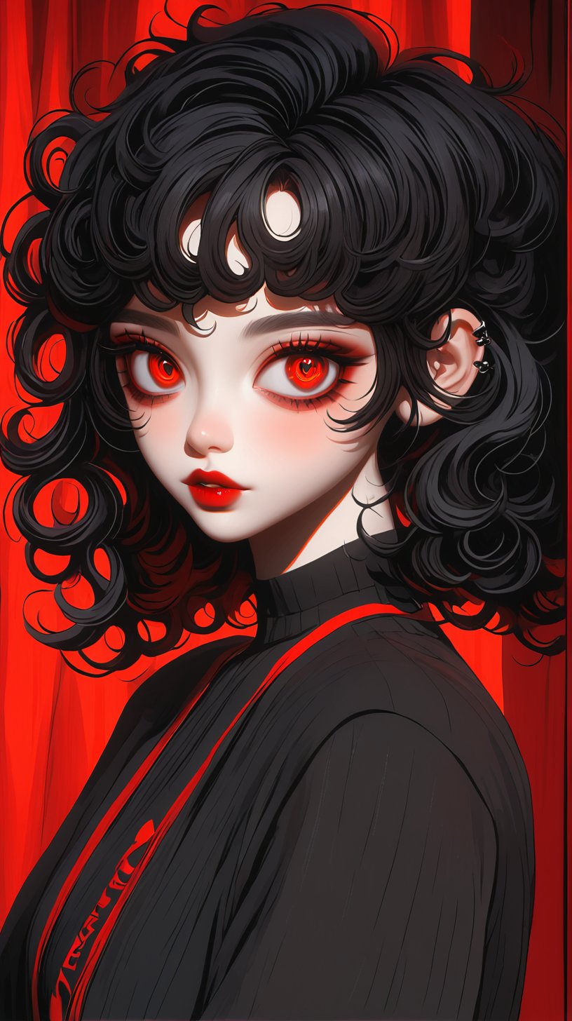 arafed woman with a red bow and a black jacket, curly bangs, curly bangs and ponytail, fluffy bangs, messy bangs, she looks like a mix of grimes, black hair and large eyes, ((red)) baggy eyes, sexy goth girl, she has black hair with bangs, curtain bangs, goth girl aesthetic