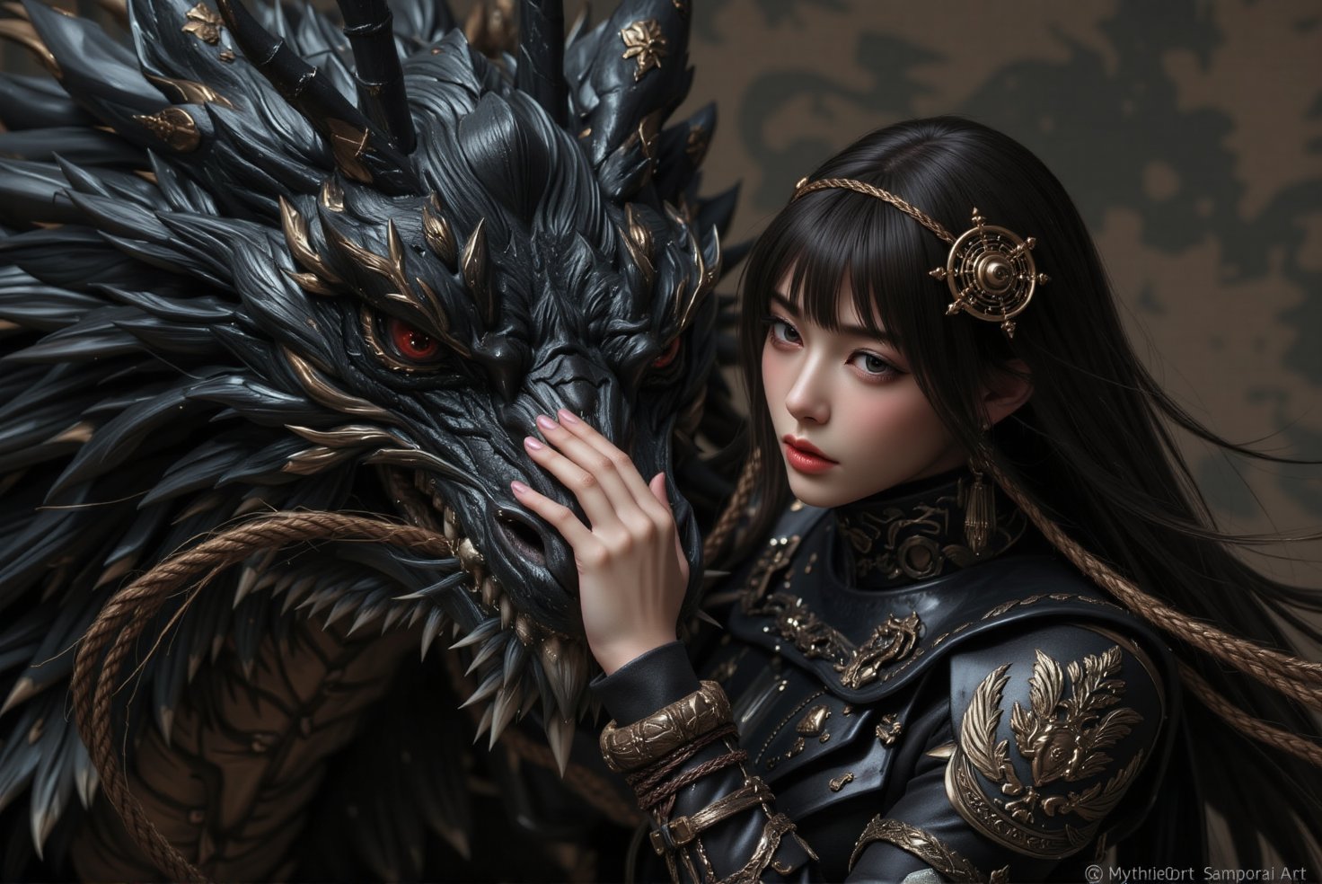 mythp0rt, masterpiece, beautiful oriental knight dragon tamer, long black hair, bangs, circlet, leather armor and animal skin, affectionately stroking the nose of a big black dragon, SamuraiArt
