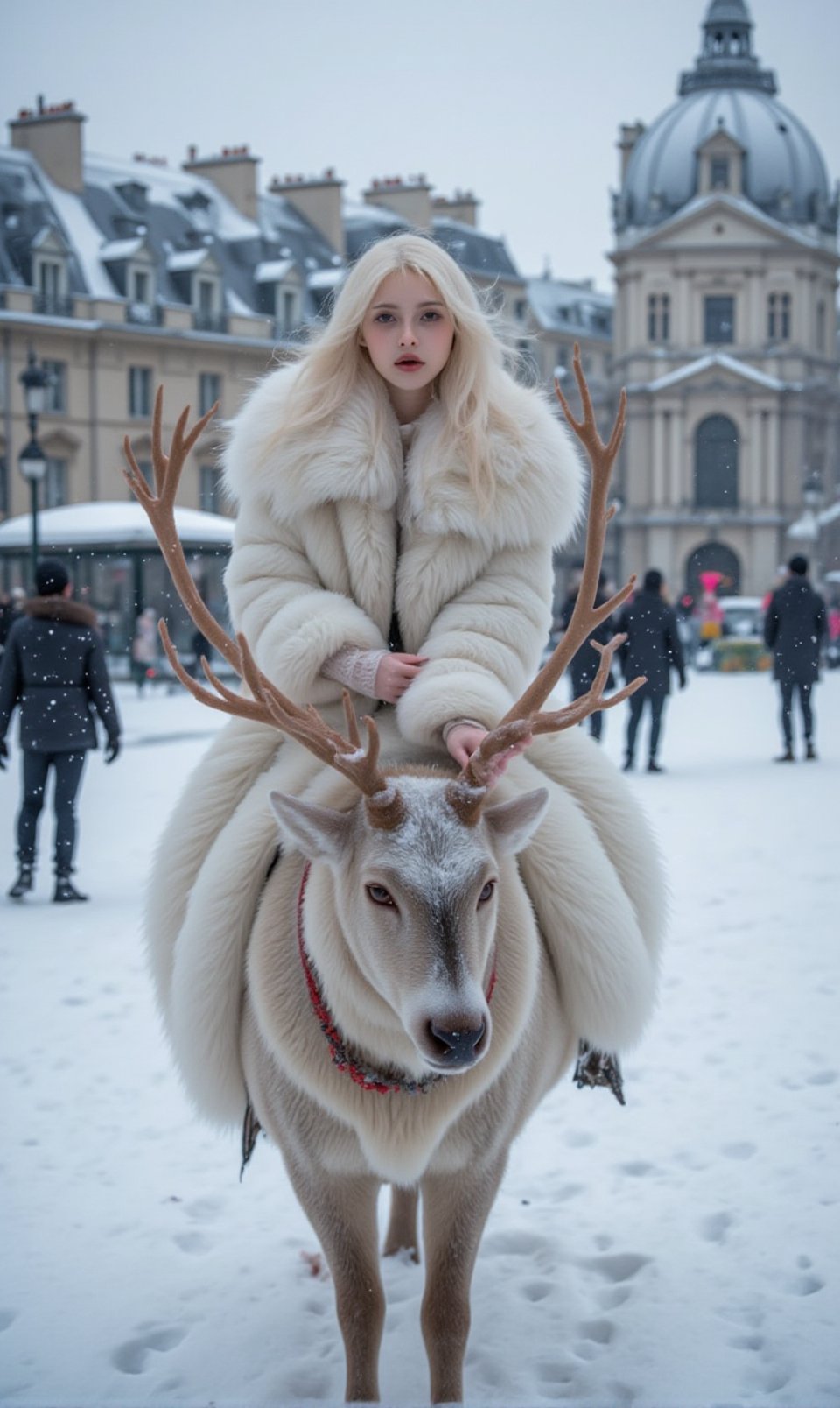 A woman with long white hair, dressed in a luxurious white fur coat, riding a woolly deer through a snow-covered historical city square, in front of the camera, closeu up 1.5| Paris architecture in the background | realistic winter atmosphere | photorealistic style