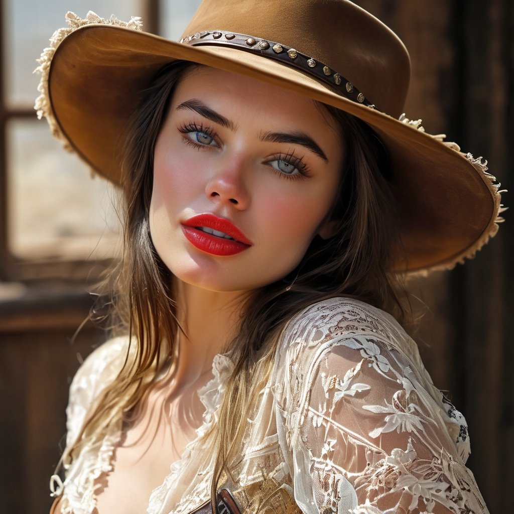 Old West 1887, Breathtaking Beauty, center of photo, woman (((sexy lips, cowgirl hat)))  looking at camera, delicate face, intense expression, perfect eyes, perfect mouth, perfect nose, delicate lace, 16k, sharp focus, 4 k resolution blade runner, stunning, breathtaking beauty, pure perfection, divine presence, unforgettable, impressive, breathtaking beauty