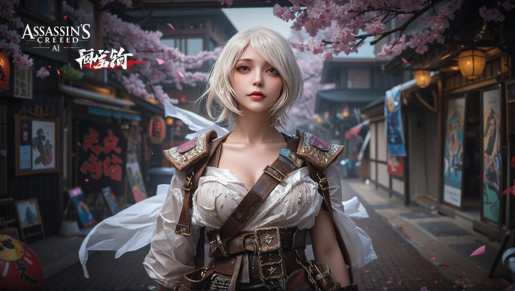 masterpiece, epic, majestic, best quality, very high resolution, 8k, hdr, digital photography, dynamic pose, alluring 1sexy female korean cleric, jade eyes, (platinum blonde hair, textured bob hair:1.1), showing open expression, looking up, solo, establishing shot, detailed background, , SamuraiPunkAI, feudal japan, cherry blossom trees, japanese town, samurai theme, smirking, assassins creed, master assassin, white tattered assassin clothes, cloak, leather pouches, straps, undercover, dynamic pose, fighting, secret passage in background, floating particles, dirt, wind,, (iridescent:0.7), (transparent:0.8), (translucid:0.8), (reflection:0.6), (refraction:0.3), (diffraction:0.3), (caustics:0.3), volumetric lights, volumetric shadows, (subsurface scatering:0.4), physically based rendering, (intricate details:1.3), hyperdetailed, ultrarealistic, (sharp focus:1.2)   SamuraiArt.