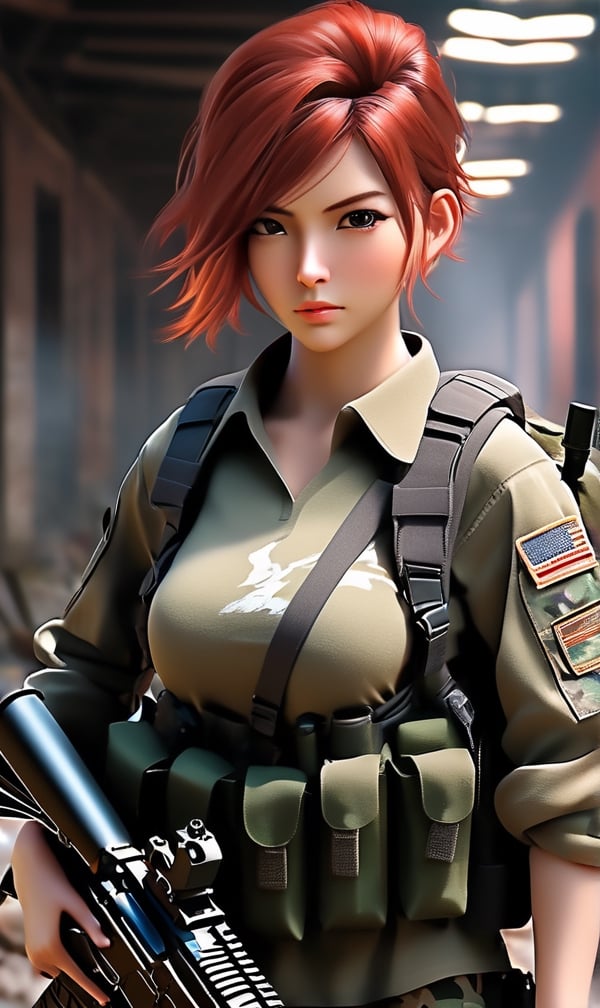 （raw、​masterpiece、ultra fine photos、top-quality, A high resolution、Photorealsitic、FULL BODYSHOT）、Beautiful Female american Soldier、delicated face、Cropped Short red hair, big breast, Camouflage Cap、Combat equipment、Long-sleeved forest camouflage military uniform、Combat gloves、Holding the M4A1 rifle with both hands、Carrying a backpack、Military undershirt、Detailed and complex busy background、High Detail Skin、realistic skin detail, fair white skin、A room in an abandoned building、White smoke、Detailed face and chest depiction、Detailed hand depiction、Detailed foot depiction、combat pose、Dynamic action、watching at viewers,