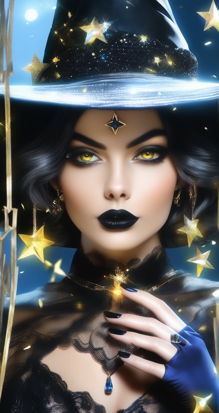 1girl, solo, hat, black nails, jewelry, looking at viewer, short hair, black hair, blue headwear, yellow eyes, black lips, mole, portrait, gem, ring, dress, holding, mole under eye, makeup, black headwear, lace, star \(symbol\), nail polish, witch hat, gloves, lipstick, realistic image
