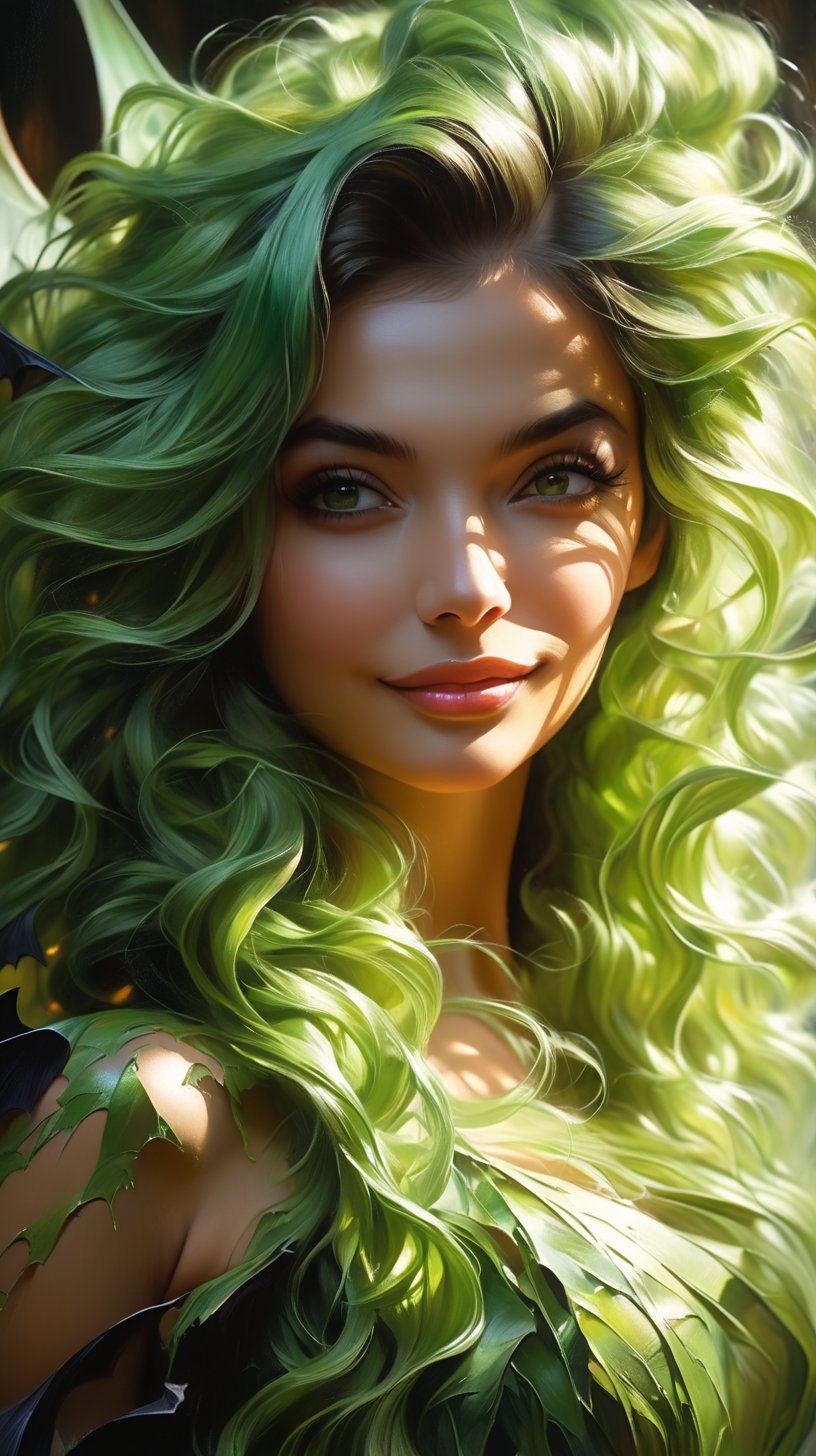 Realistic oil paint portrait , hot Body, Dynamic sensual pose, soft smile, long green hair, (((Bat wings))) , detailed skin Textures, intricate, detailed face, hyperrealistic, realistic light and shadows , ((cinematic lighting)) . Abstract paint background. Poetic, dramatic. 