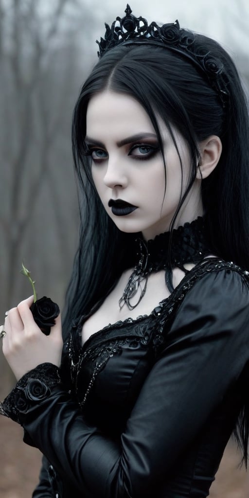 Highy detailed image, cinematic shot, (bright and intense:1.2), wide shot, perfect centralization, side view, dynamic pose, crisp, defined, HQ, detailed, HD, dynamic light & pose, motion, moody, intricate, 1girl, (((goth))) holding a black rose, attractive, clear facial expression, perfect hands, emotional, hyperrealistic inspired by necronomicon art, my baby just cares for me, fantasy horror art, photorealistic dark concept art
,goth person