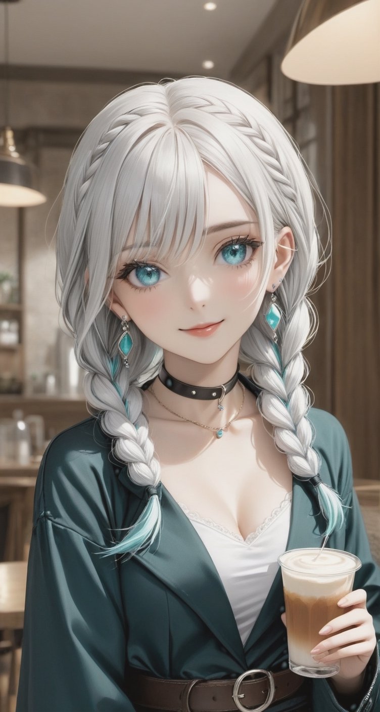 Generate hyper realistic image of a woman with long white hair,  twin braids cascading down her shoulders. She gazes at th...
