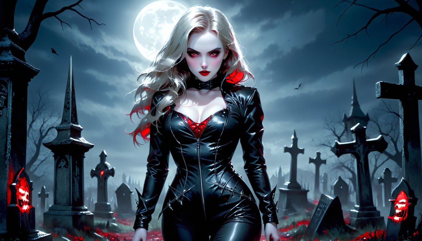 Photo of a glamorous and mysterious vampire huntress with pale skin and red lips, wearing a black leather catsuit with silver stakes strapped to her thigh, standing in a moonlit graveyard. The full moon casts eerie shadows on the tombstones. Dark, moody lighting, gothic, cinematic, sharp focus, hyper-realistic, nocturnal elegance.