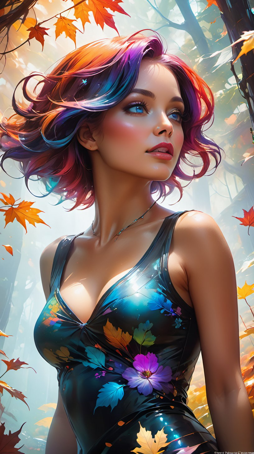 beautiful angle view of Species woman individual from another planet with multicolored hair, beautiful colorful eyes, run in autumn garden, breeze at dawn, alcohol ink painting, psychedelic art by Ross Tran, Antonio J. Manzanedo, Tom Bagshaw, mandy disher, cinematic, 32k, stills from Steven Spielberg epic film, clear focus, hyperrealistic repin artstation painting, detailed character design concept art, matte painting