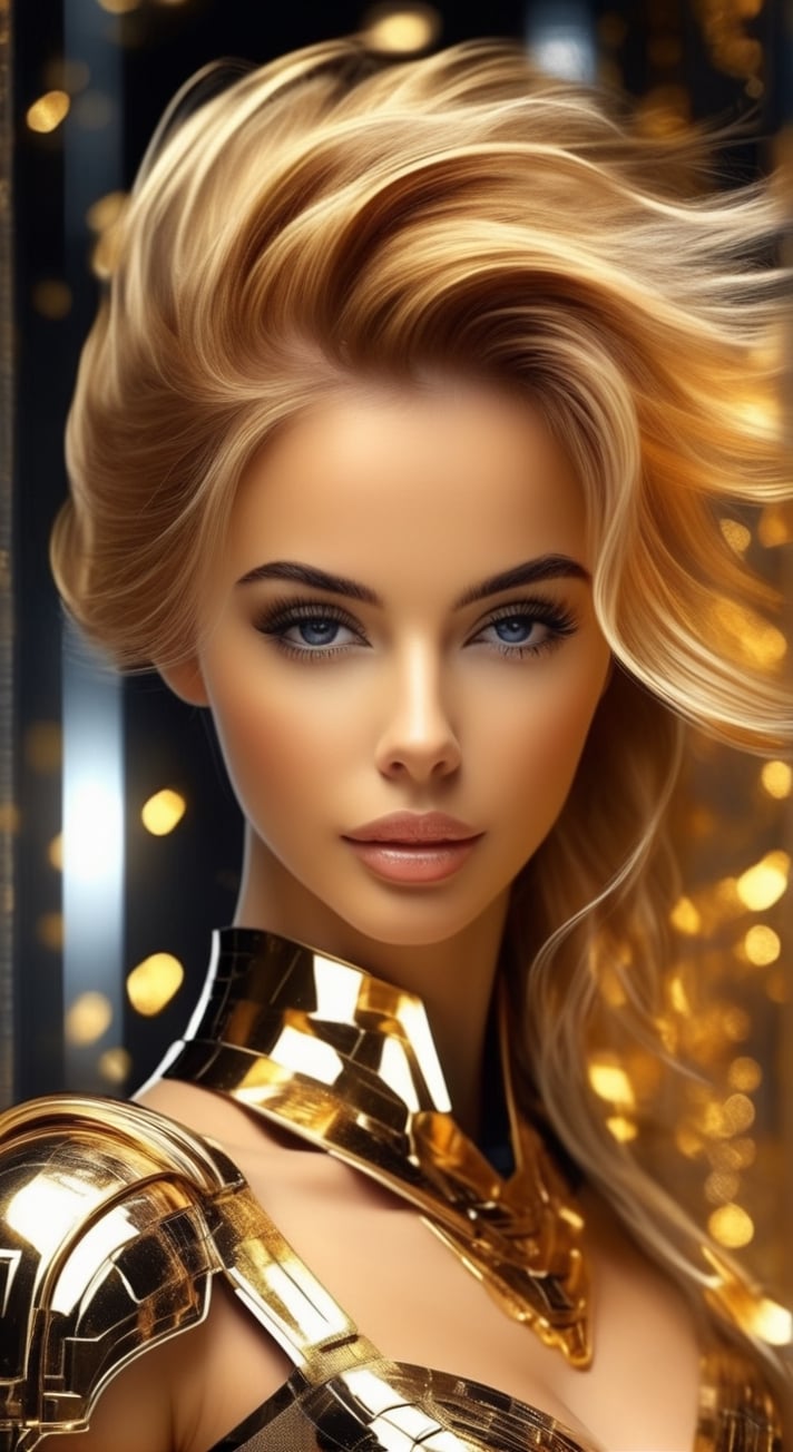 digital art images of beautiful with good form woman in futuristic cybernetic armor, beautiful golden hair , in the style of 32k uhd