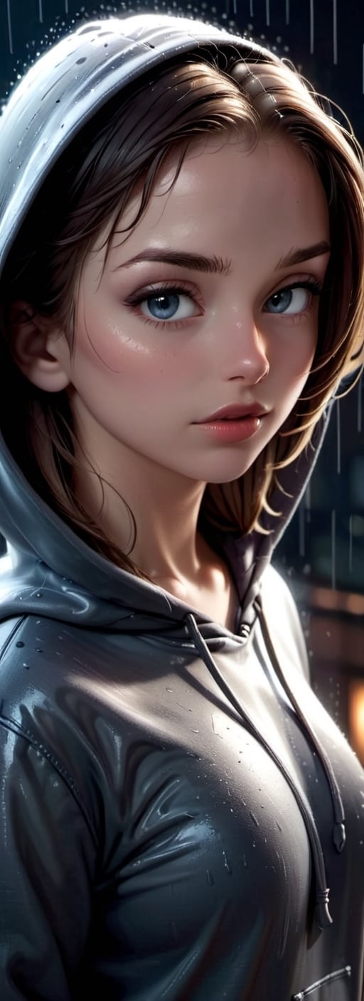 A girl in a hoodie on a rainy night, rim light from moon light, ominous weather and atmosphere, captivating, minimalistic, close up portrait, hoodie casts a shadow over face, mysterious, dark background, sophistication, silhouette, expressive, dynamic pose, ambiance, intrigue and suspense, illustration, digital art, hyperrealism