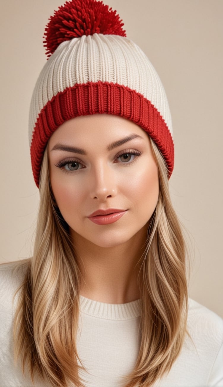 A woman in a knitted hat with a pom pom, white and beige (((red border color)))