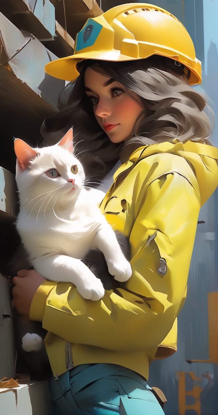 a close up of a person wearing a construction helmet yellow jacket and a cat,  and artgerm,  artgerm and atey ghailan by B...