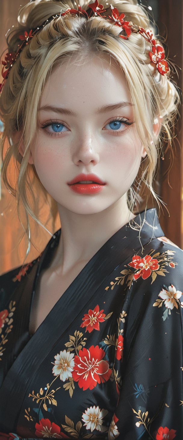 1girl, solo, looking at viewer, blue eyes, blonde hair, hair ornament, upper body, parted lips, japanese clothes, kimono, lips, pale skin, freckles, realistic, nose, red lips