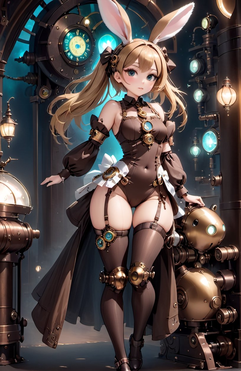 Japanese anime style steampunk illustration、Dimly lit luxury club at midnight,Mechanical prosthetics that only glow under incandescent lights,Comes with steampunk-style mechanical prosthetics and steampunk-style legs、steampunk bunny headband、Steampunk Bunny Suit with Chest Exposed Shirt,Highlight the slender and transparent crotch、medium chest circumference、Beautiful robot girl serving customerix the hands
,steampunk style