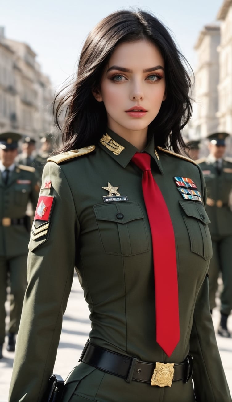 1girll, Female soldier,army suit,Dark green military uniform,Fabric texture: Armed police uniform,Pure white lining,Dark green tie,Black hair,the golden ratio,[:(com rosto detalhado:1.2):0.2]:,PureErosFace_V1, red flags,In the square,Splendid scenery,bright sun,upper body photos,Place your hands on your chest, high street