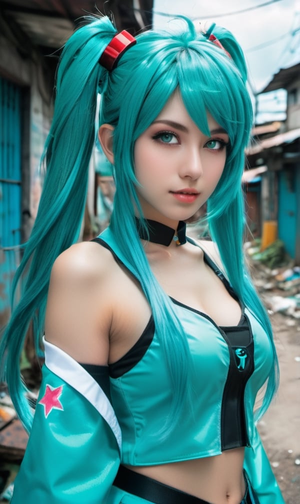 award winning professional outdoor cosplay photography,  model italian girl is wearing an authentic cosplay of Hatsune Mik...