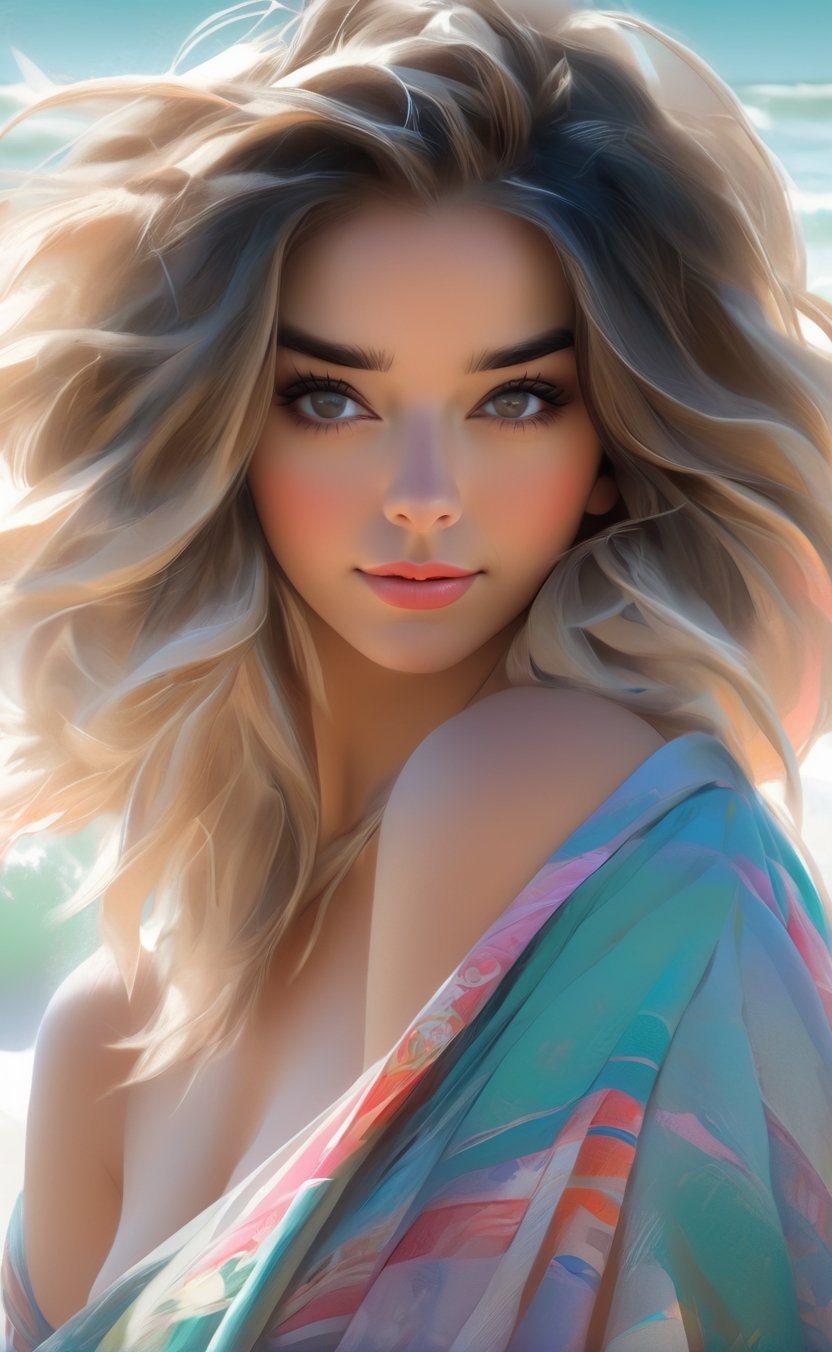 a close up of a woman wearing a colorful shawl on a beach,  beautiful digital artwork,  beautiful digital illustration by...