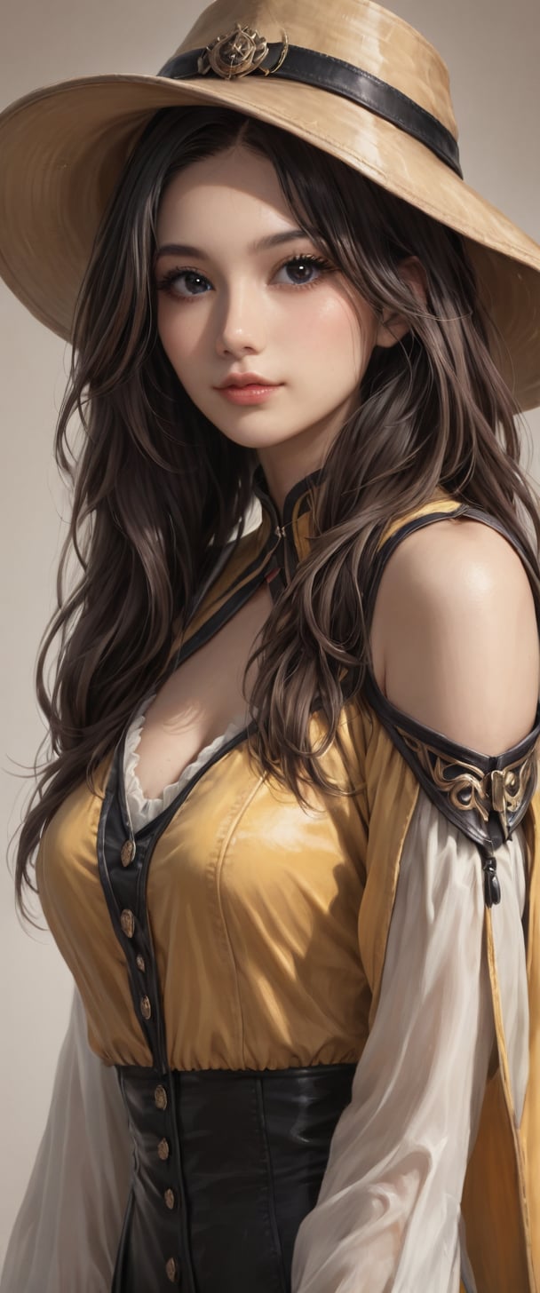 1girl, solo, long hair, breasts, looking at viewer, brown hair, black hair, hat, upper body, black eyes, lips, gradient background, clothing cutout, realistic, nose, shoulder cutout, yellow headwear