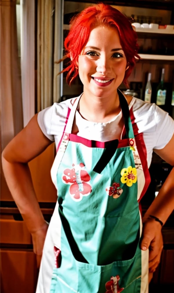 woman, medium breast, red medium messy hair, soft freckled, tattooed, ((wearing only a apron))
